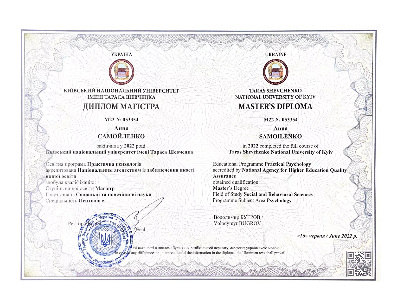 Диплом магистра по психологии